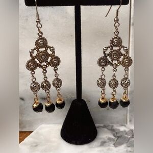 Long Silver Chandelier Earrings Black Bead Drop Dangle Gypsy Boho Style